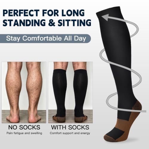 7 Pairs Copper Compression Socks for Men Women 20-30 mmHg Knee High Socks Large-X-Large Black