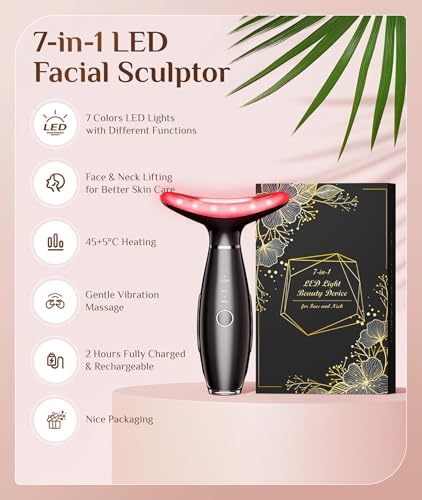 Dopsikn 7 Color Galvanic Machines - Red Light Therapy for Face and Neck, Face Massager Tool for Wrinkles, Double Chin, Vibrating Facial Massager with Thermals, Black