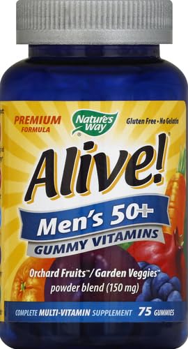 Nature's Way Alive! Men’s 50+ Premium Gummy Multivitamin, Supports Healthy Heart, Brain & Muscle Function*, B-Vitamins, Vegetarian, Grape, Orange and Cherry Flavored, 75 Gummies, (Pack of 2) 75 Count (Pack of 2)