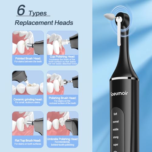 Tooth Polisher,Rechargeable Tooth Whitening Kit for Teeth Cleaning and Whitening, with 8 Brush Heads, LED Light, 5 Speed Modes Dental Polisher Personal Dental Care Kit for Home Use and Travel Black
