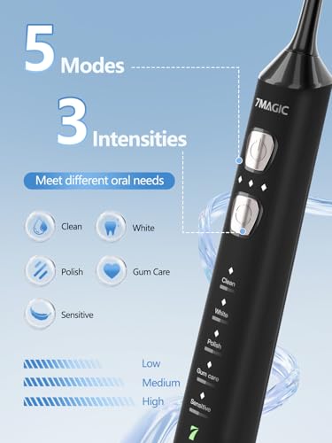 7MAGIC Black Sonic Electric Toothbrush Bundle with Genuine Brush Heads for Deep Cleaning 2-Pack