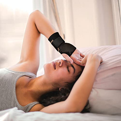 INDEEMAX Copper Wrist Compression Sleeve 1 Pair, Comfortable Hand Brace Support with Strap for Arthritis, Tendonitis, Sprains, Workout, Carpal Tunnel - Left & Right - Women and Men L Black New