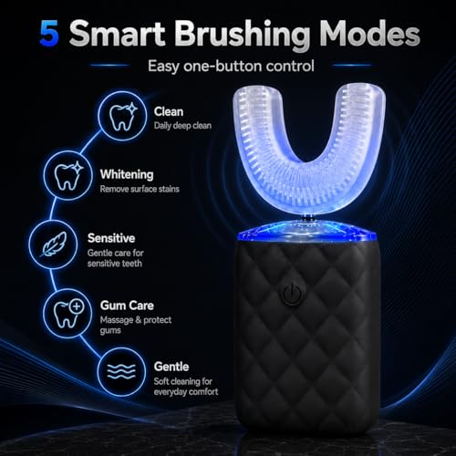 Sonic Automatic U Shaped Electric Toothbrush for Adults - 360° Full Mouth Cleaning, 5 Modes for Whitening & Gum Care, IPX7 Waterproof Rechargeable, Silicone Toothbrush Set Blck