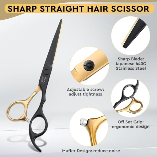 JASON Hair Cutting Scissors Set - 6" Professional 10-Piece Haircut Shears Black & Gold