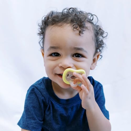 Baby Calm and Clean Pacifier Toothbrush, Blue, Pink, Purple, and Yellow, for 3 Months to 3 Years, with Orthodontic Nipple and Soft Bristles, BPA-Free (Yellow)