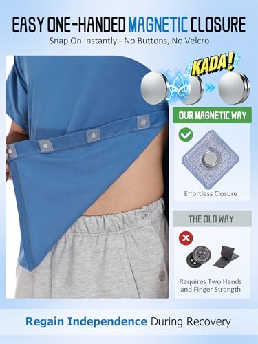 Magnetic Post Surgery Shirt for Men Women Tear Away Clothing Easy One-Handed Dressing Shoulder Surgery IV Access Dialysis 4X-Large Medical Blue