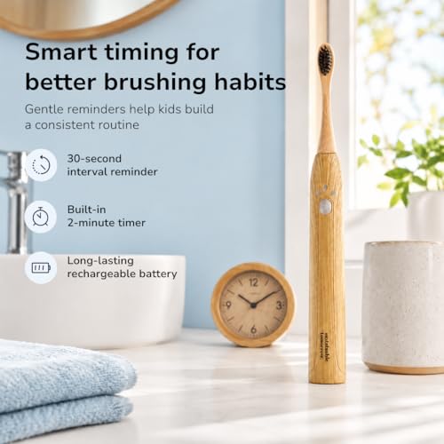 Sustainable Tomorrow Junior Bamboo Electric Toothbrush for Kids Ages 3+ – Gentle Vibrating Toothbrush with Soft Bristles | 2-Minute Timer | Ergonomic Handle | Eco-Friendly, Plastic-Reduced Design