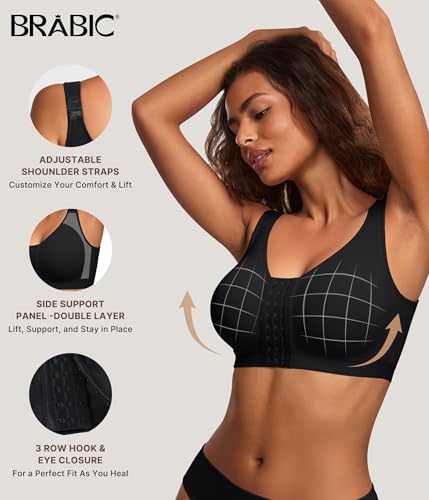 BRABIC Post Surgery Compression Bras for Women Front Closure Surgical 3X-Large Black
