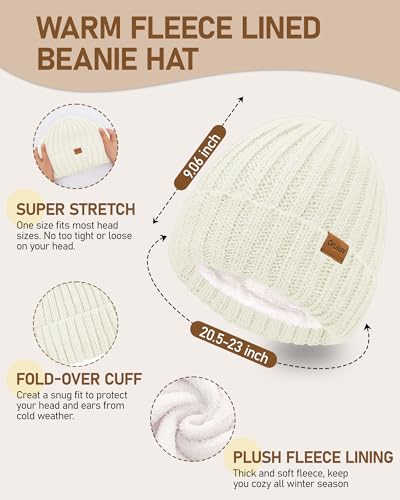 Women Winter Beanie Hat Scarf Gloves Headband Set, Fleece Lined Hat Ear Warmer Knit Long Scarf Touchscreen Gloves 4 Gift Set One Size White