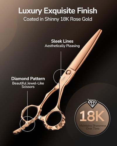 ULG Professional Hair Cutting Scissors with Luxury 18K Rose Gold Finish 6.5" Barber Scissors 440C Japanese Stainless Steel Hand-Honed Razor Sharp Blades Offset Handles Tension Adjustable, Right-Handed Rose Gold-6.5 Inch-right