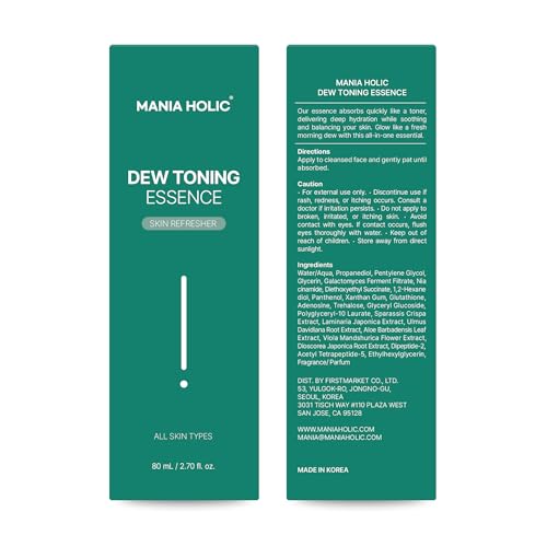 MANIA HOLIC Dew Toning Essence, 2-in-1 Exfoliating Toner Essence Formula with Galactomyces Ferment, Panthenol, & Peptides, Reduces Fine Lines and Wrinkles, Hydrating Korean Skin Care, 2.70 fl oz