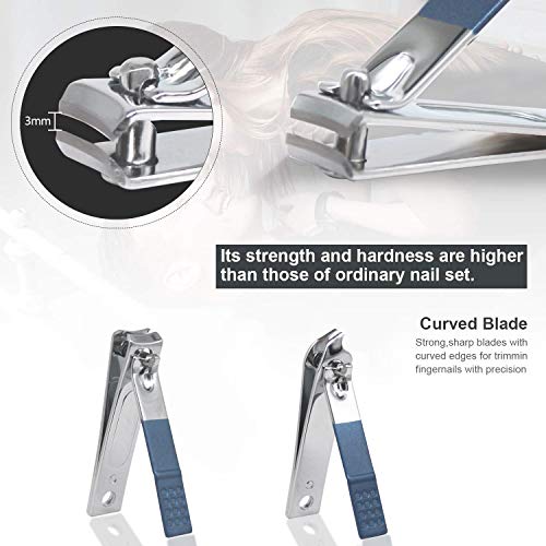 18 Pieces of Stainless Steel Nail Trimming and Beauty Kits - Nail Clippers, Nail Files, Tweezers, Nose Scissors, Eyebrow shavers, Ear Spoons, Blue Leather suitcases.