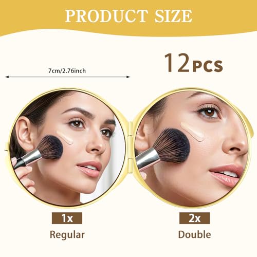 12 Pcs Compact Mirror Bulk, Gold, 1X and 2X Magnification
