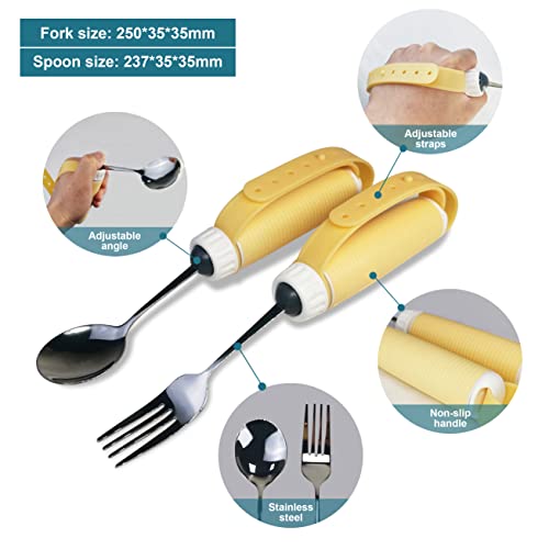 Adaptive Utensils Spoons Forks Set Weighted, Non-Slip Handles & rubber strap, for Hand Tremors & Muscle Weakness, Arthritis, Parkinson’s, Elderly; Dishwasher Safe,Stainless Steel