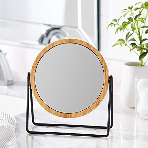Amazon Basics Vanity Round Tabletop Mirror with Bamboo Rim, Double Sided Magnifying, 360° Rotation, Black, 7.2"L x 2.87"W 7.2"L x 2.9"W Bamboo Rim Without Base