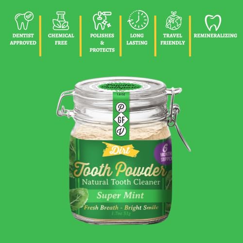 The Dirt - Remineralizing Tooth Powder, Natural Fluoride-Free Teeth Whitening Powder with Hydroxyapatite, Flouride & Gluten Free, Organic Vegan (Super Mint, 51g: 6 Month Supply) Super Mint 1.7 Ounce (Pack of 1)