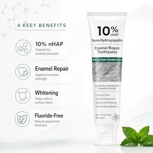 10% Hydroxyapatite Toothpaste, Nano Hydroxyapatite Toothpaste, Fluoride Free Toothpaste for Sensitive Teeth, Helps Rebuild Enamel, Remineralizing Toothpaste for Daily Use, 4 Pack