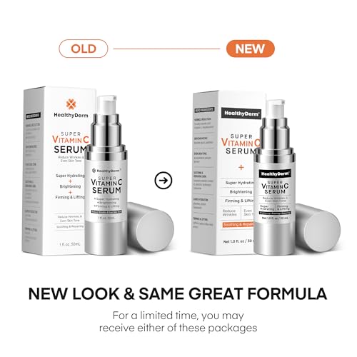 HealthyDerm Super Vitamin C Serum for Women Over 70: Niacinamide, Vitamin C, Hyaluronic Acid, Peptides, Vitamin E, Caffeine, Bakuchiol, Hydrating, Lifting, Face Wrinkle & Age Spots Reduction 1 Ounce (Pack of 1)