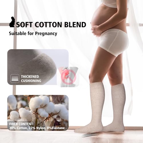 LEVSOX Cotton Compression Socks for Women&Men 20-30mmHg Knee High Cute Support Sock for Nurses Pregnancy Travel 2 Pairs-grey&beige Medium-Large