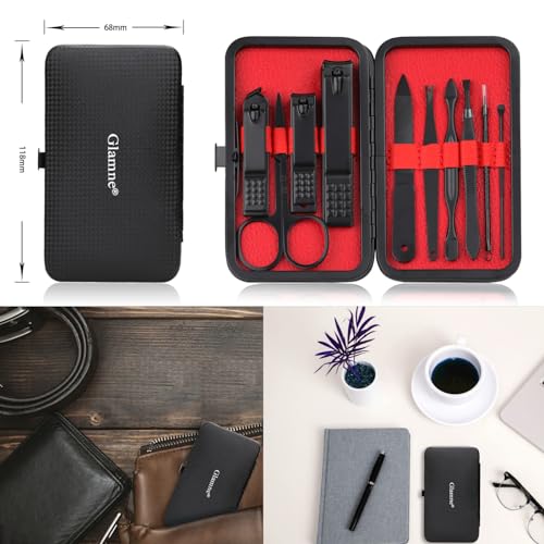 Glamne Manicure Set Nail Clippers Kit Professional Stainless Steel Nail Care Tools with Leather Travel Case 10 in 1 Black Red