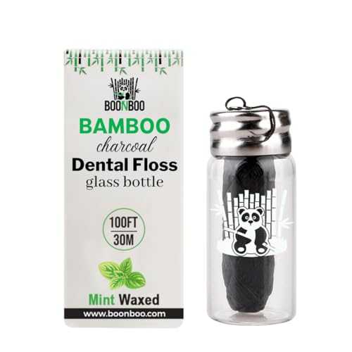 BOONBOO Bamboo Charcoal Dental Floss with Glass Holder + 2pcs Refill + 600ct Cotton Swabs