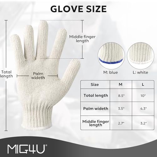 MIG4U 12 Pairs Work Gloves - Cotton String Gloves for Safety Work - Glove Liner Hand Saver Heat Protection for BBQ (Large, Economic) Large