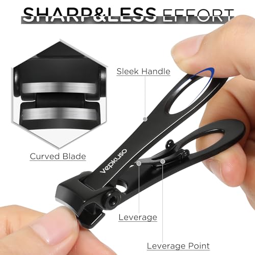 Vepkuso Nail Clippers for Seniors, Wide Jaw Fingernail Clippers and Angled Head Toenail Clippers for Thick Nail, Professional German Nail Clippers for Men, Women&Pregnant，Black Black(2 Pack)