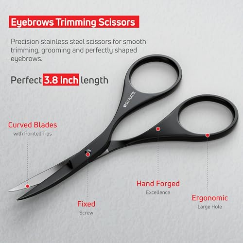 Suvorna Premium Beard & Mustache Set with Beard scissors for men, Straight Razor with blades- Facial Hair/Nose/Eyebrow Scissors - Slant Tweezers (6 Pcs Black) 4.5" Beard & Mustache Scissors