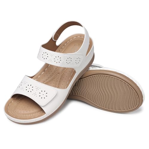 SHIBEVER Women Flat Sandals Comfortable: Arch Support Sandals Dressy 10 White