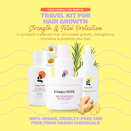 GINGER MILK Hair Growth Travel Kit | Stimulates, Hydrates & Nourishes with Ginger, Rosemary & Biotin | Includes Shampoo, Hair Mask, Heat & Sun Protector, Dropper Serum & Free Travel Bag