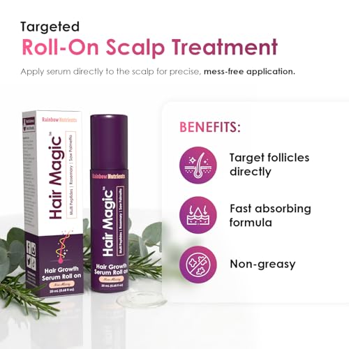 Hair Magic™ Hair Growth Serum Roll On- Multi-Peptides + Rosemary Oil for Hair Growth, Density, Beard, Eyebrows & Scalp Serum Treatment For Women & Men with Saw Palmetto - Suero Para El Cabello