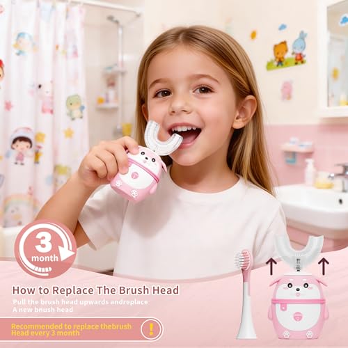 Kids Electric Toothbrush, U Shaped Auto Brush Design 2-7 Age Pink Pink 2-7