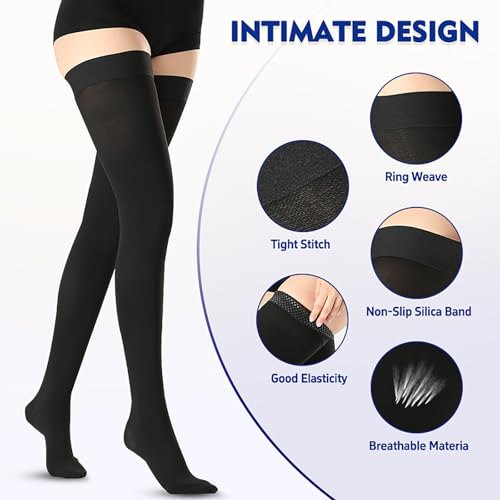 Thigh High Medical Compression Stockings For Women & Men,20-30 mmHg Thigh High Compression Socks,Firm Graduated Support Hose with Silicone Dot Band-Ideal for Athletic,Flight,Travel Use Medium Closed Toe Black