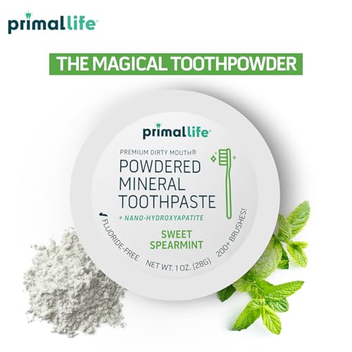 Primal Life Organics - Dirty Mouth Toothpowder, Tooth Cleaning Powder, Flavored Essential Oils with Natural Kaolin & Bentonite Clay, Good for 200+ Brushings, Organic, Vegan (Sweet Spearmint, 1 oz) Sweet Spearmint 1 Ounce (Pack of 1)