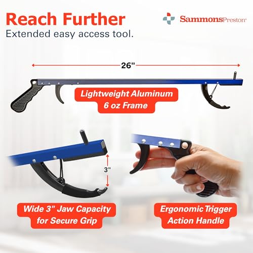 Sammons Preston Reacher, 26" Lightweight Grabber Reacher Tool with Magnetic Tip, Ergonomic Grip & Claw Jaw, Portable Reaching Aid for Seniors, Daily Living & Home Use, Standard Blue, 3 pack 26" Standard, Blue