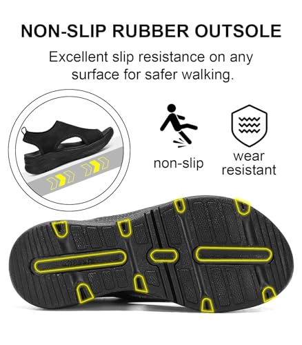 Womens Comfortable Orthopedic Sandals Arch Support Ladies Walking Sport Athletic Sandals Open Toe Slip On Plantar Fasciitis Platform Dress Sandal 2 Inches Heel 9 Black