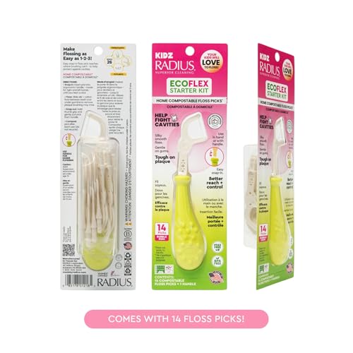 RADIUS EcoFlex Kids Floss Pick Starter Kit, Sustainable Compostable Dental Flossers for Small Mouths, BPA-Free & Non-Toxic, 14 CT Refills + 1 Reusable Handle, Pink, Blue and Chartreuse, Pack of 3 Hot Pink, Sapphire Blue, Chartreuse 1 Count (Pack of 3)