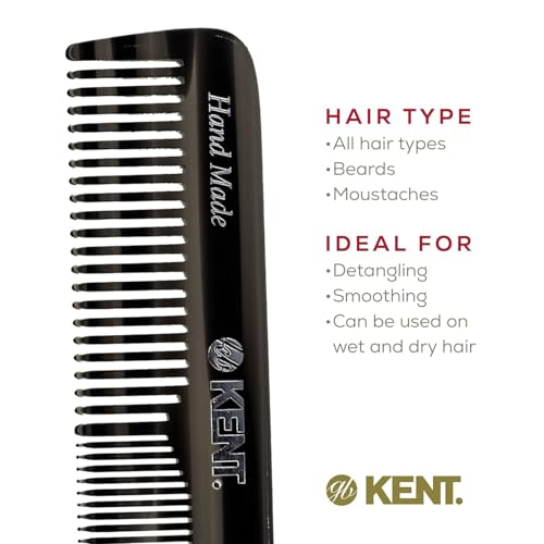 Kent OT Black Graphite Pocket Comb - Handmade Fine and Wide Tooth Hair Comb for Men, Women, and Kids - Travel, Beard, and Mustache Comb - Saw Cut and Hand Polished Made in England 2 Pack