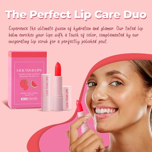 Watermelon Sugar Lip Scrub & Tinted Lip Balm and and Strawberry Sugar Lip Scrub Stick Duo