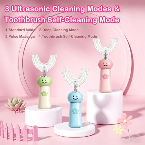 Kids U-Shaped Electric Toothbrush with 6 Brush Heads, Automatic 360° Sonic Cleaning, 3 Modes, IPX7 Waterproof, Cute Cartoon Design, Ages 6-12 (Pink) Pink