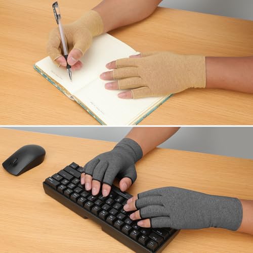 Senkary 3 Pairs Compression Arthritis Gloves Fingerless Carpal Tunnel Pain Relief Gloves for Women Men, Wrist Brace Hand Support for Swelling, Trigger Finger, Crocheting, Typing Black, Grey and Brown