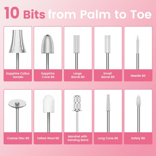 Electric Nail Drill,Purple Electric Nail File with 10 Speeds,10 Bits & LED Light,for Acrylic Nails,Gel Polish Removal,Thick Toenails–Beginner-Friendly