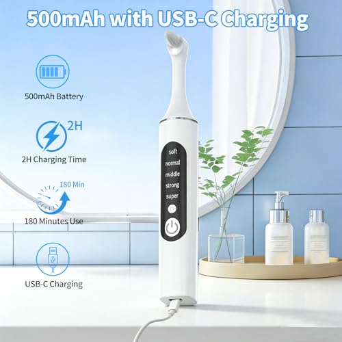 Tooth Polisher, Rechargeable Teeth Cleaning Tools for Tooth Polish and Whitening, Electric Teeth Cleaner with 3 Pastes, 5 Speeds, 6 Heads & LED Light, Waterproof Personal Dental Care Kit for Home Use White