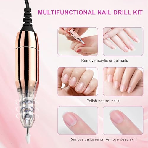 Professional Electric Nail Drill Kit 40000 RPM,Portable Nail Drill Electric File Cordless with 12 Drill Bits,Rechargeable Nail Drills Machine for Acrylic Gel Polishing Manicure at Home DIY Salon
