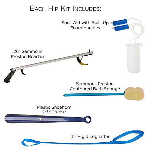 Sammons Preston Hip & Knee Equipment Kit with Assorted Daily Living Tools Including 32" Reacher, Sock Aid with Handle, Plastic Shoe Horn, Bendable Contoured Handled Sponge, and Rigid Leg Lifter Kit with 32" Reacher and Leg Lifter