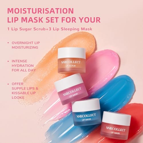 ANRCOLLECT Face and Lip Skincare Set with Clay Mask Set(4 Pack) and 1 Lip Care Kit(1 Lip Scrub and 3 Lip Mask)