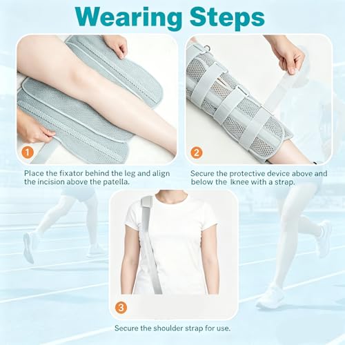 3-Panel Knee Immobilizer Brace for Men Women, Adjustable Leg Stabilizer with 4 Rigid Aluminum Splints & Anti-Slip Shoulder Strap, for Post-Surgery Recovery, Ligament Tears, Fractures