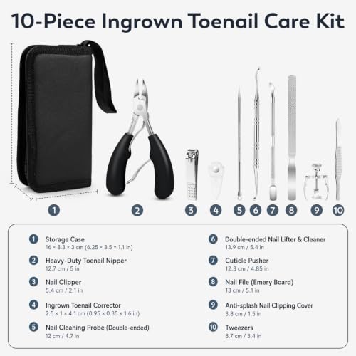 JTIEO 10 Pcs Ingrown Toenail Treatment Kit, Stainless Steel Nail Tools. 10pack-black