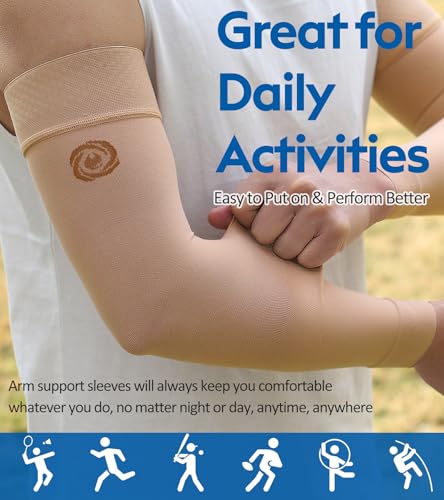 NURCOM Compression Arm Sleeve, 20-30 mmHg, With Silicone, Beige 2XL Beige(with Silicone Top Band) XX-Large(2 Pack)
