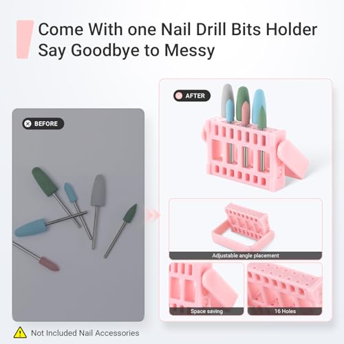 MelodySusie 6Pcs Polish Pedicure Nail Drill Bits with 16 Holes Bits Holder Set, Silicone Rubber Drill Bit for Pedicure Manicure Gel Grinding and Polishing, Pink Polish Bits with Pink Holder